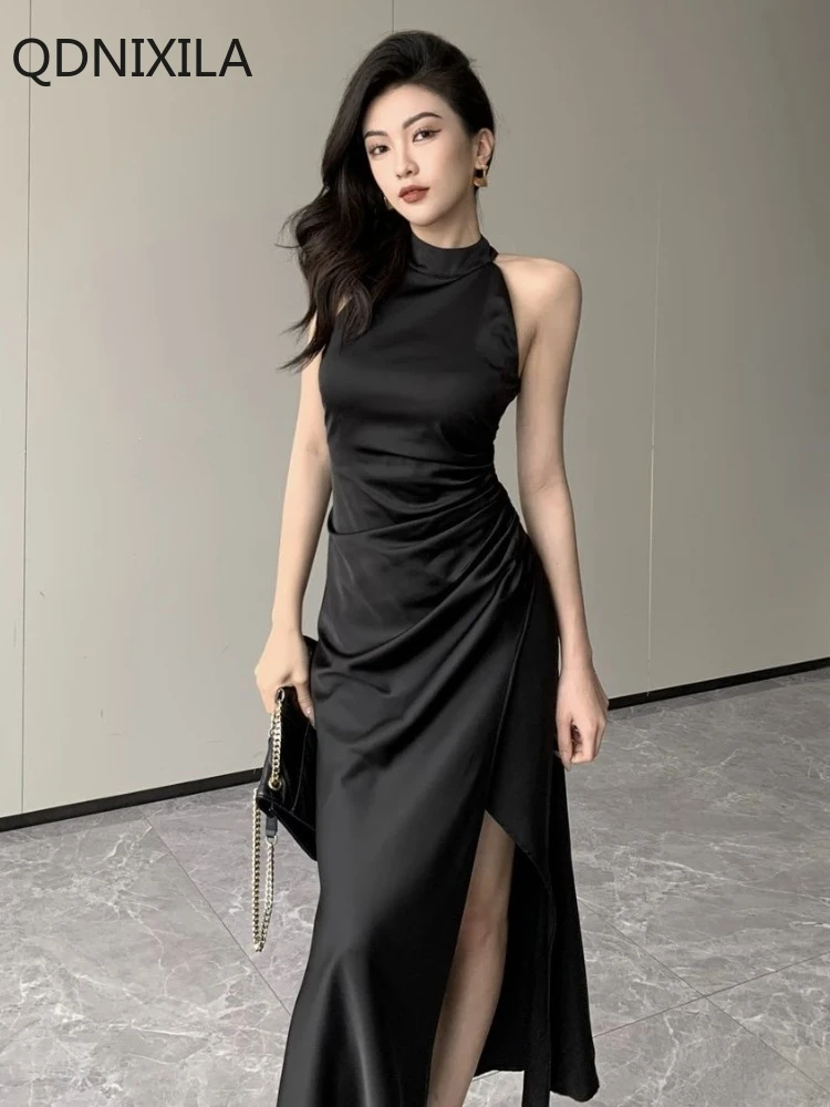 New Slim Split Summer One-piece Dress Long Dresses Hanging Neck Collar Design Slim Fit Hip Wrap Skirt Sexy Beauty Women's Dress