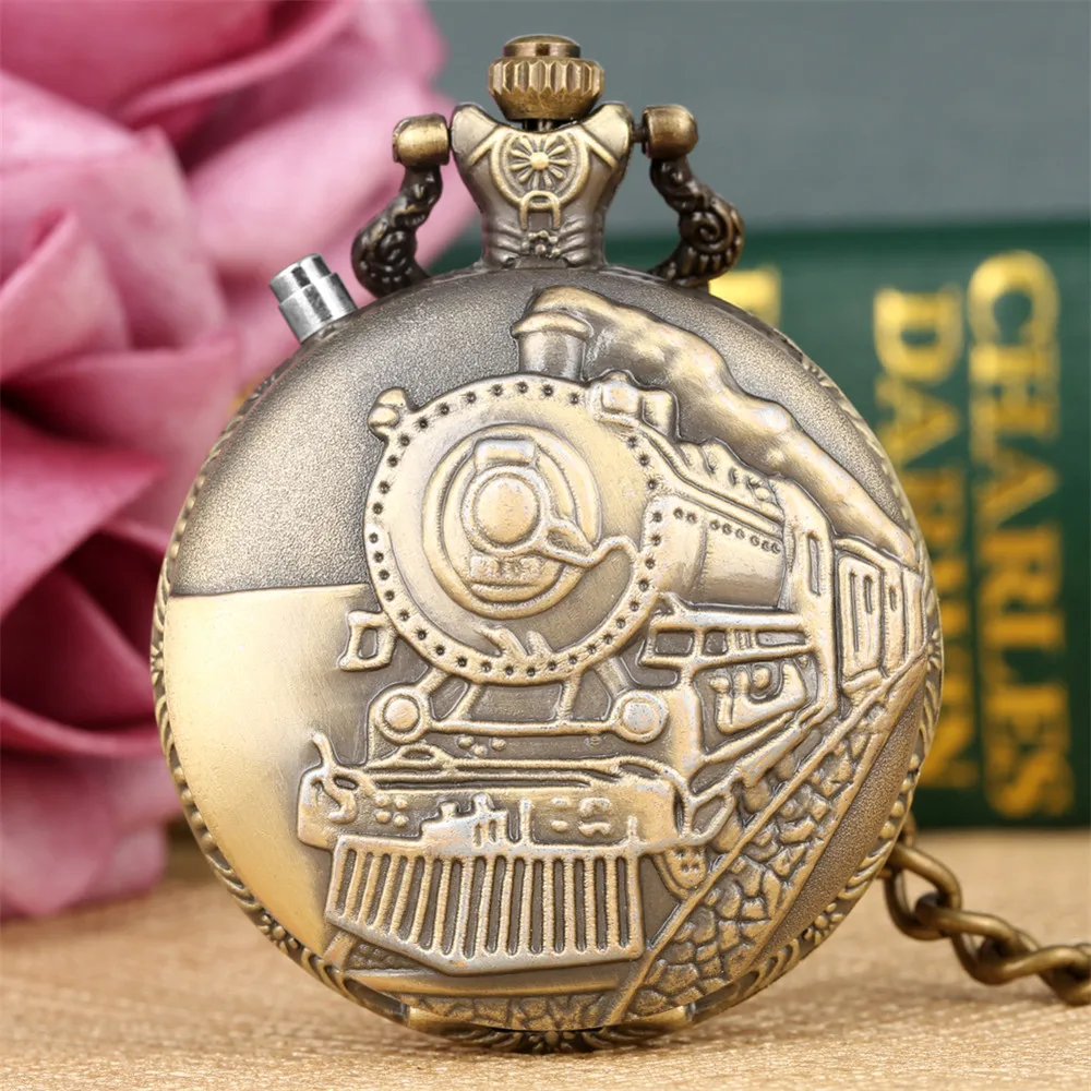 Bronze/Silver/Gold Steampunk Vintage Locomotive/Motorcycle Quartz Fob Chain Pocket Watch with LED Lights Xmas Gifts Men Kids