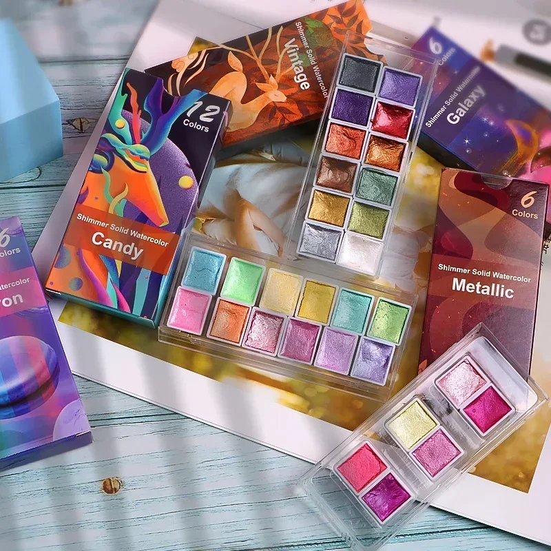 6/12 컬러 수채화 페인트 세트, 메탈릭 글리터 솔리드 안료, 아티스트용 학교 문구, 드로잉 그래피티 도구, 미술용품