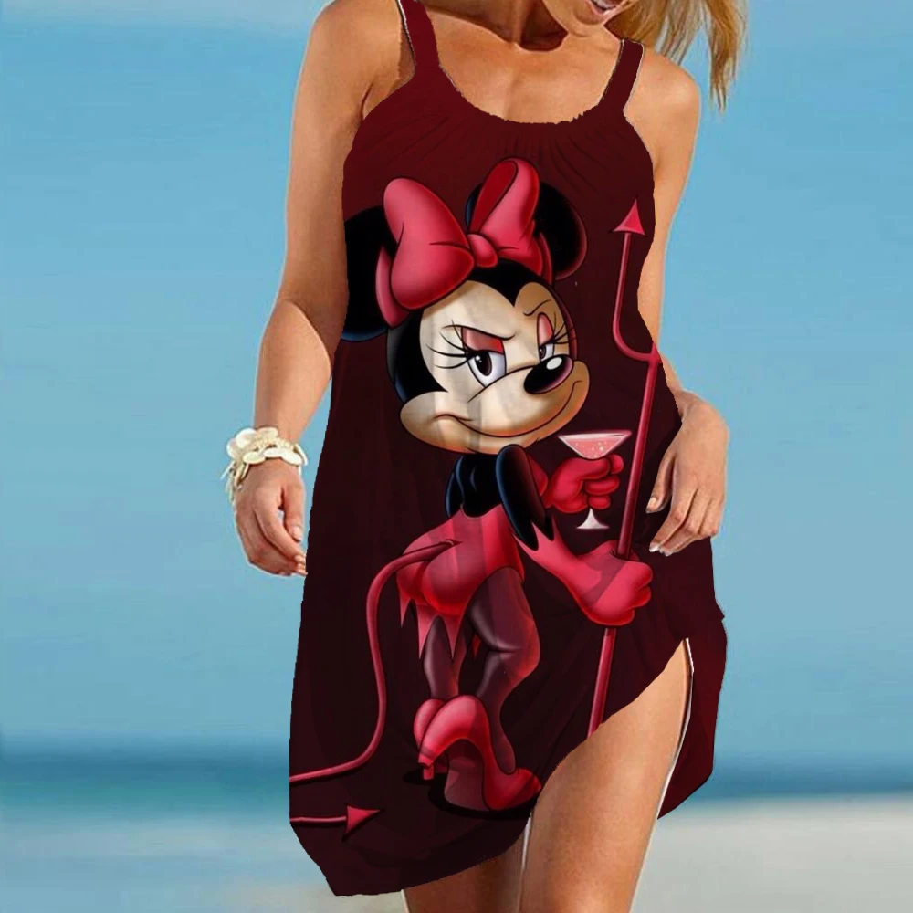 

2022 Summer Disney Minnie Women Beach Dress Sexy Female Beach Cover-Ups Wrap Towel Open Back Sling Mini Beach Dresses Women