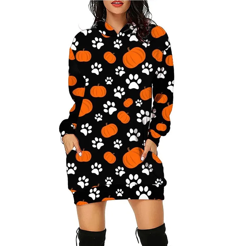 Halloween Printed Extended Loose Hoodie Sexy Slim Fit Sports Trend Autumn/Winter Sweater Cute Hooded Dress