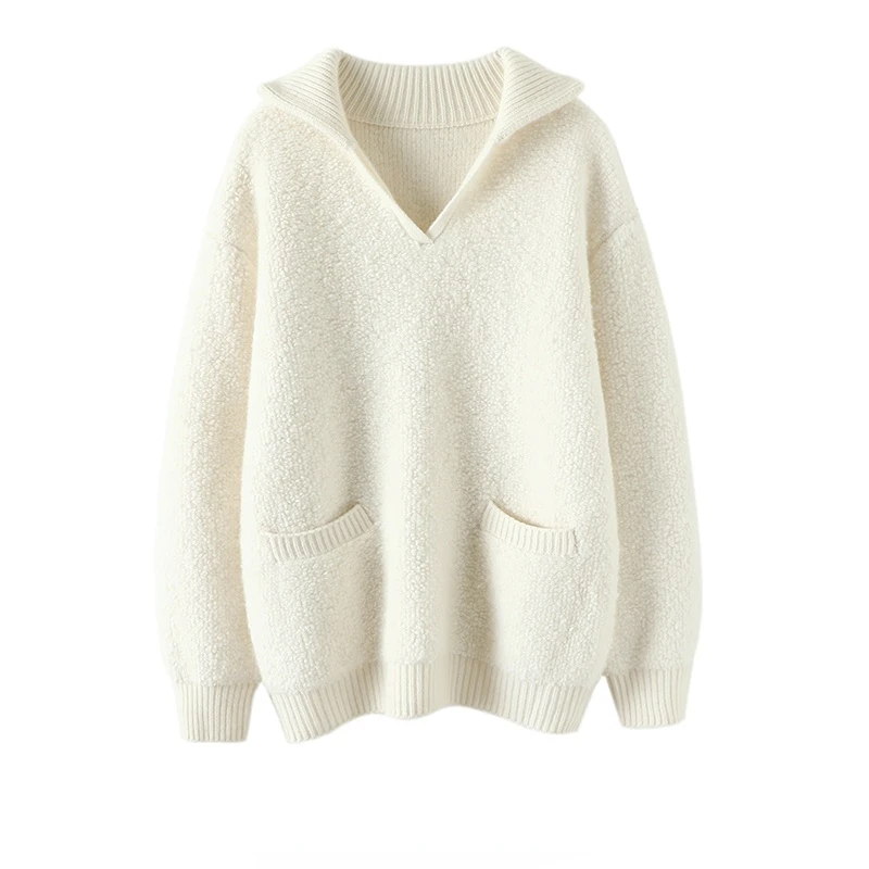 

Sweater Women Pullover LOOSE V-Neck High Street Cashmere Thick White Tops Winter Warm Clothing Korean Fashion