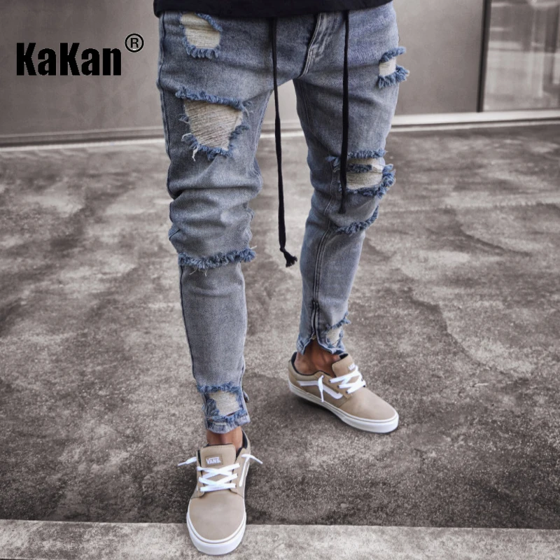 

Kakan - Europe and The United States New Broken Hole Small Foot Jeans Men's, High Street Slim Stretch Biker Long Jeans K49-1897