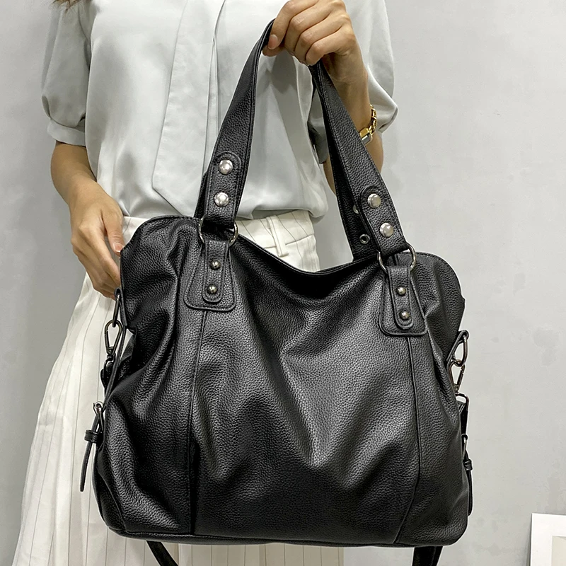 Bolsa de ombro preta grande para mulheres, bolsa macia feminina, padrão de lichia, couro PU, fêmea, sacos crossbody, qualidade