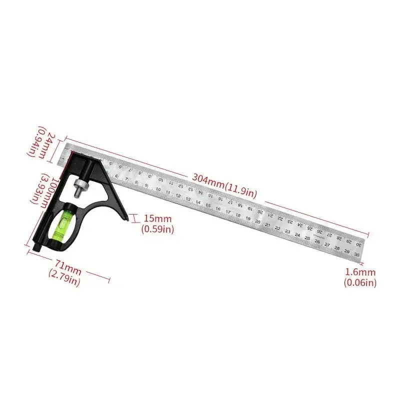 Angle Combination Square Ruler Mobile Horizontal Movable 45Degree Right Carpenter Level Moving Woodworking 300mm
