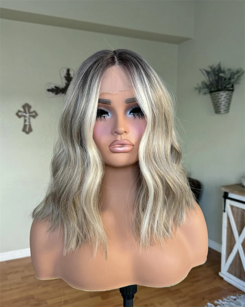Mixed Ash Grey Blonde Lace Wig Natural Soft HD Synthetic mixed Human Hair Wigs Wavy Lace Frontal Wigs Glueless High Density