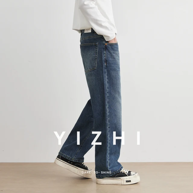 Blue Washed American Style Men's Jeans Straight Leg Loose Wide Leg Pants Retro Trendy Brand Casual Wear All Seasons Size Plus 2