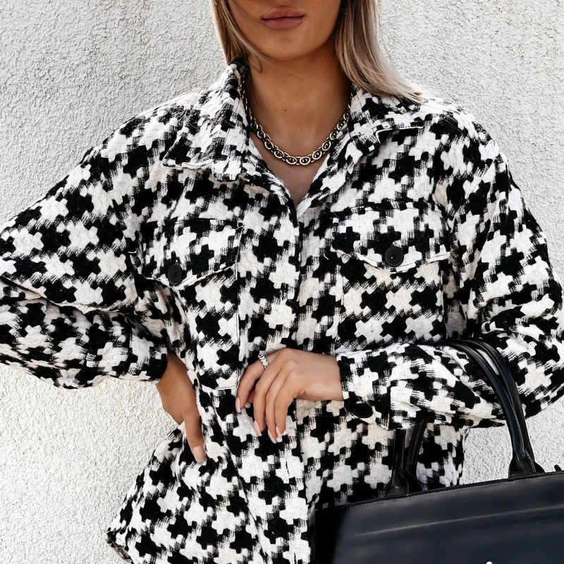 Autumn and Winter 2023 Long-sleeved Houndstooth Printed Woolen Coat Feminine Temperament Trend Women's Straight Casual Coat