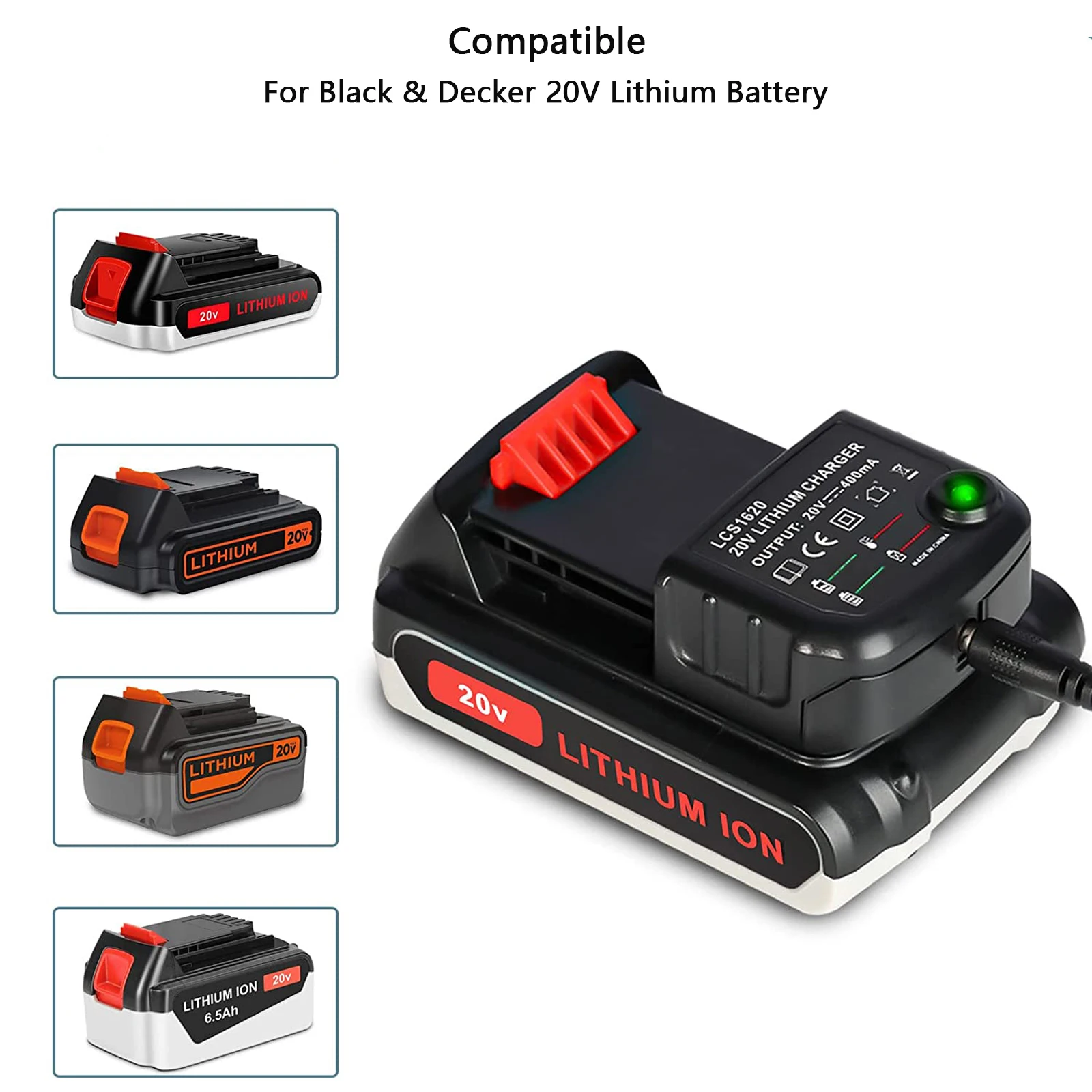 Black & Decker 용 20V MAX 교체 충전기 LBXR20 LBXR20-OPE LB20 LBX20 LBX4020 LB2X4020 용 20V 리튬 이온 배터리