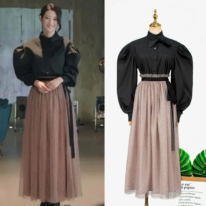 Kpop Seo Yea Ji 2 Pieces Set Women Korean Drama 서예지 Black Shirt Blouse+Long Dot Mesh Skirt Two Pieces Sets Summer Clothes