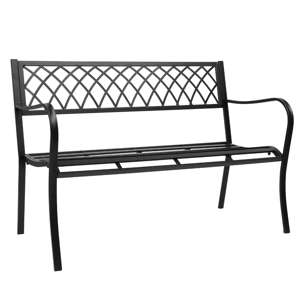 

47 Inch Patio Park Garden Bench Porch Path Chair Grid Back Outdoor Deck Iron Frame Black Easy Assemble Clean[US-Stock]