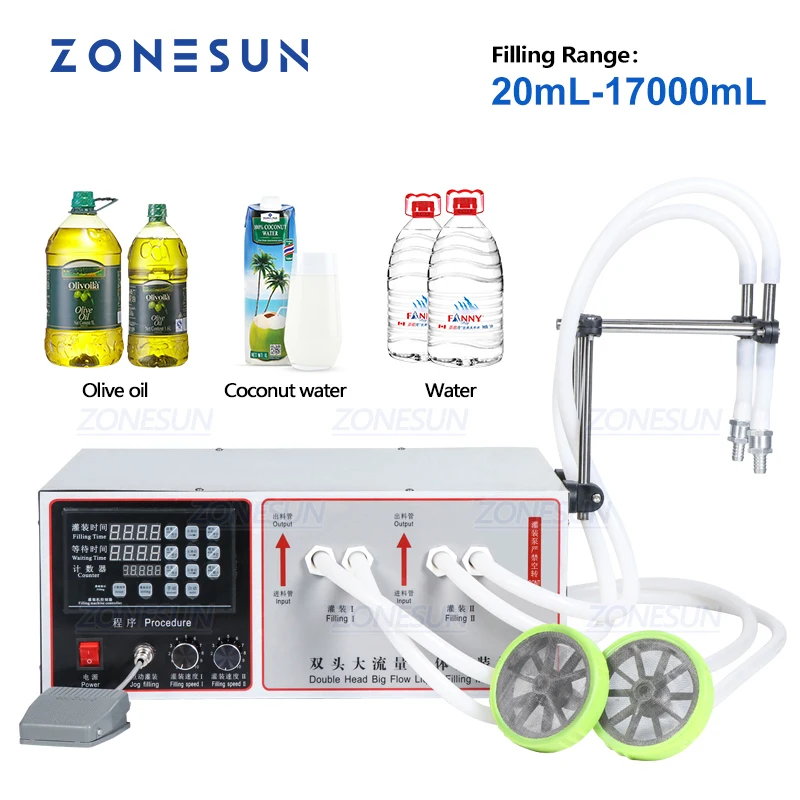 

ZONESUN Semi Automatic Double Nozzle Filler Laundry Cooking Oil Water Juice Milk Liquid Bottle Filling Machine ZS-GFK17B