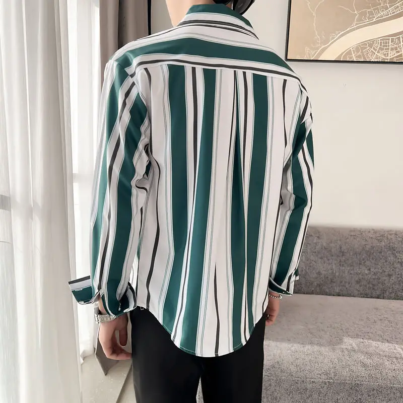 Minimalist Trend Spring Autumn Shirts Men's Polo Collar Striped Contrast Color Single Breasted Casual Long Sleeve Loose Tops