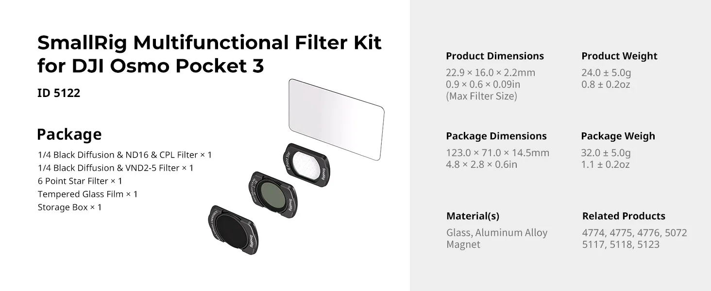 Magnetic Multifunctional 1/4 Black Diffusion & ND16 & CPL Filter Kit for DJI Os
