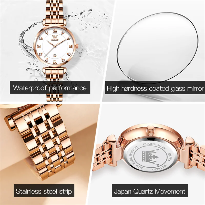 OLEVS Luxury Diamond Quartz Watch for Women Rose Gold Stainless Steel Strap Waterproof Fashion Women's Watches Relogio Feminino