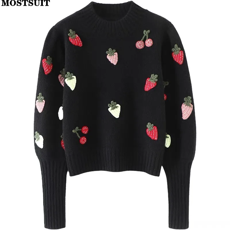 

Strawberry Crochet Knit Sweater Pullover Women Half High Collar Long Sleeve Tops Knitwear 2024 Spring Stylish Fashion Chic Jumpe