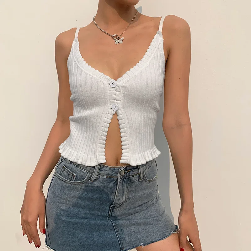 

White Sleeveless Knit Cami Top Women Split V Neck Sexy Backless Crop Tanks Tops Ladies Elegant Casual Camisole 2022 Y2k Tops