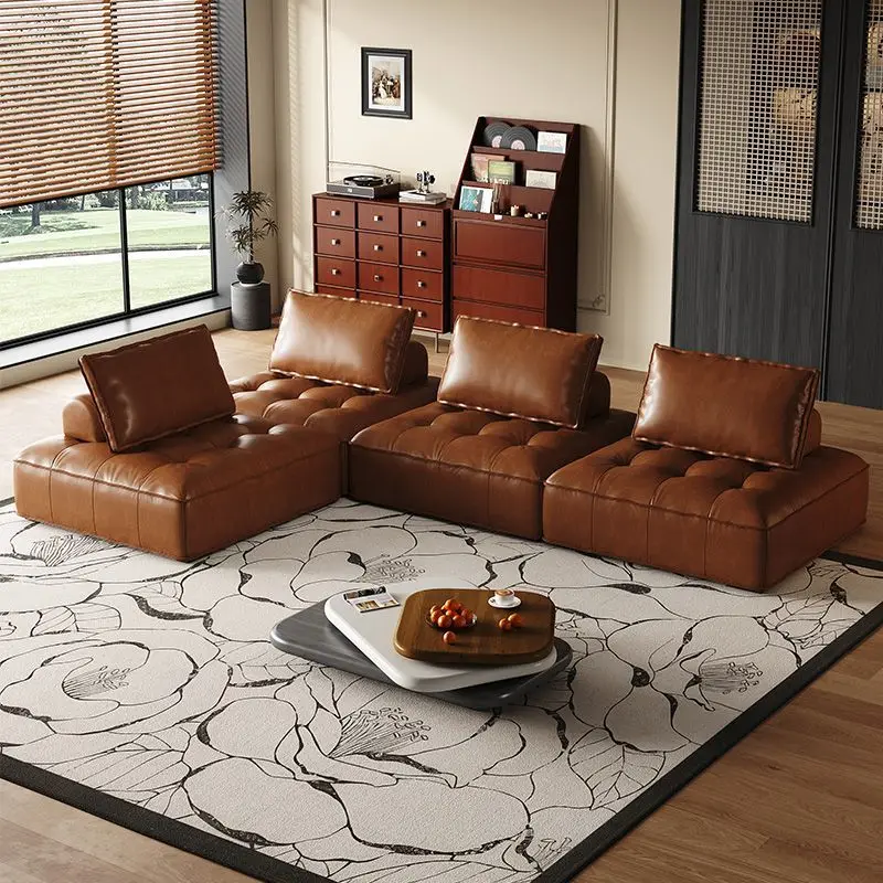 Modular Block Retro Sofa Genuine Leather Small Space Living Room Sectional Retro Tofu Sofa Genuine Leather Modular Small Space​