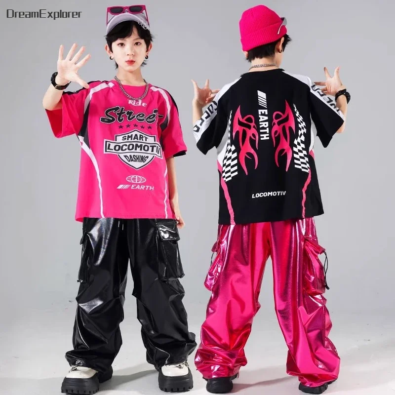 Hip Hop Boys T-shirt PU Shiny Leather Cargo Pants Girls Crop Top Streetwear Kids Street Dance Shorts Costumes Child Jazz Clothes kids cosplay costume,children dance costume