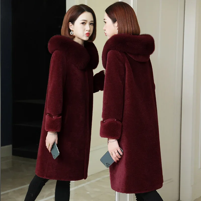

Women's Winter Coats Sheep Shearing Coat Women Clothing Fox Fur Collar Suede Liner Fur Coat Mid-length Warm Female Fur Jacket Lq