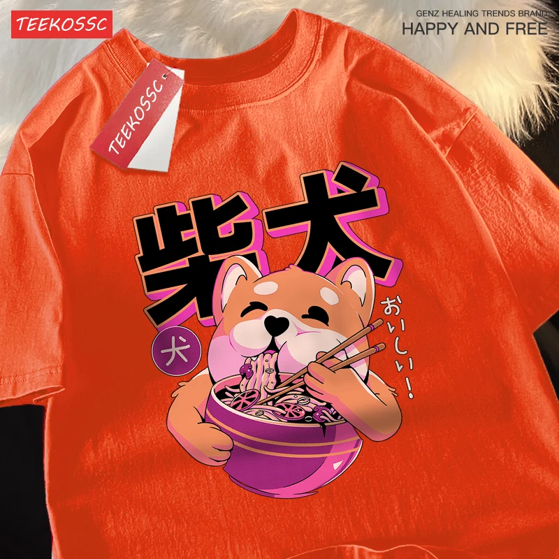 Cute Shiba Inu Eating Noodles T-Shirt Men Women Breathable Crewneck Cotton High Quality Tops Summer O-Neck Short Sleeve Male