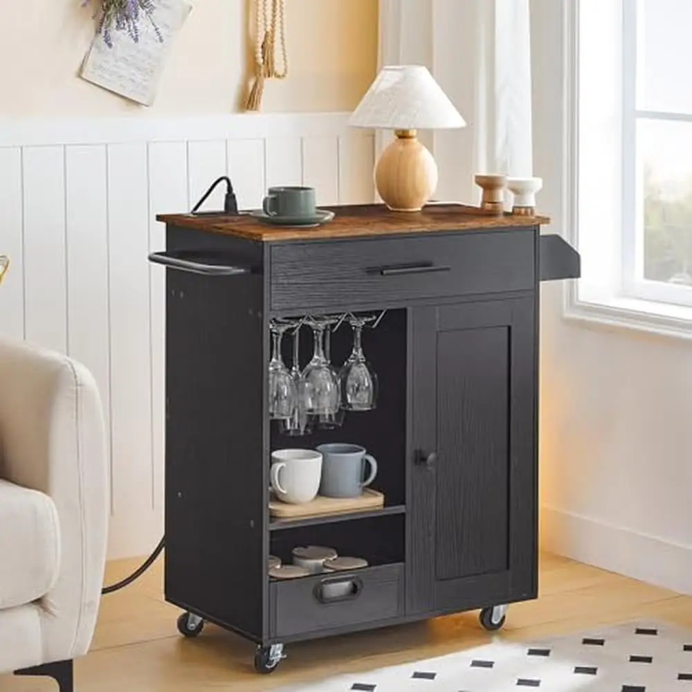 Rolling Kitchen Island Cart with Power Outlet and Handy Socket Ample Storage Space and Wine Glass Rack Sturdy Structure kitchen storage cart