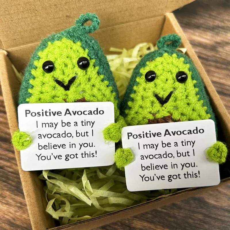 미니 포지티브 에너지 아보카도 장식품, 수제 봉제 양모 뜨게 인형, 카드 포함, 재미있는 감자 생일 선물, 집 장식