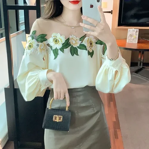 꽃 프린트 패치워크 얼룩 셔츠, 우아한 레이스 긴팔 셔츠, 한국 스타일 블라우스, 봄 여름 패션, 2023 3