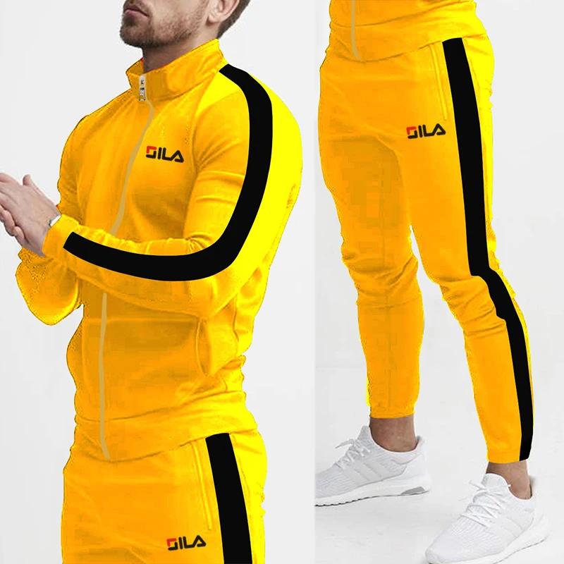 Men's Casual Suit Trend Colored Sports Set Standing Collar Fashion High Quality Casual Set Outdoor Sports Fitness Brand