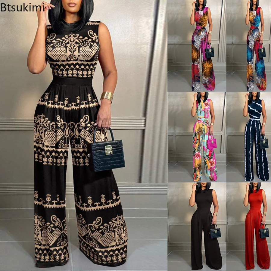 New 2023 Women's Casual Jumpsuits Geometric Print Sleeveless Wide Leg Jumpsuit Spring Summer Sets Outfits Female Overalls  5XL