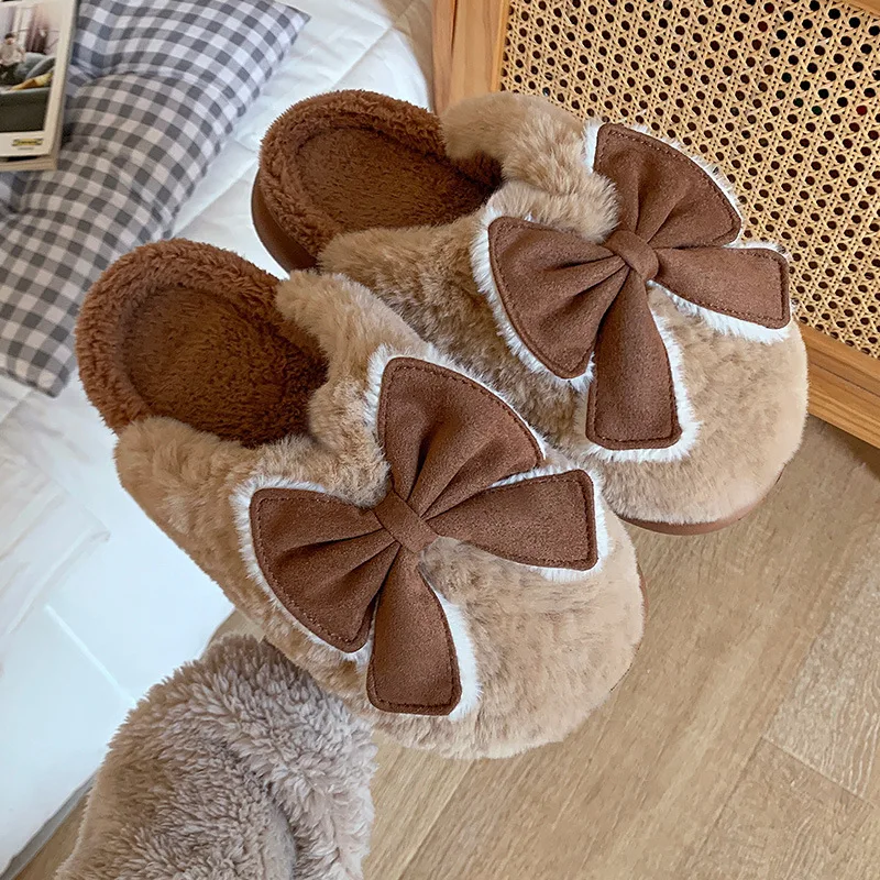 

Antovo Plush Women Cotton Slippers Women Winter Indoor Warm Shoes Home Slippers Cute Girls Heart Bow Tie Plush Shoes Floor Shoes