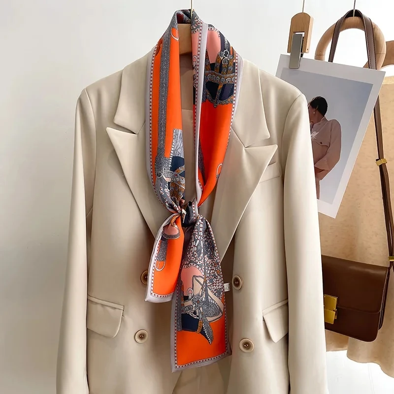 women's silk printed long narrow scarf