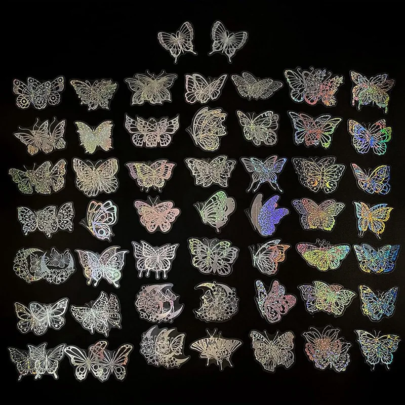 【】100Pcs Holographic Glitter Butterfly Stickers, Vintage Butterfly Waterproof Transparent Decorative Decals
