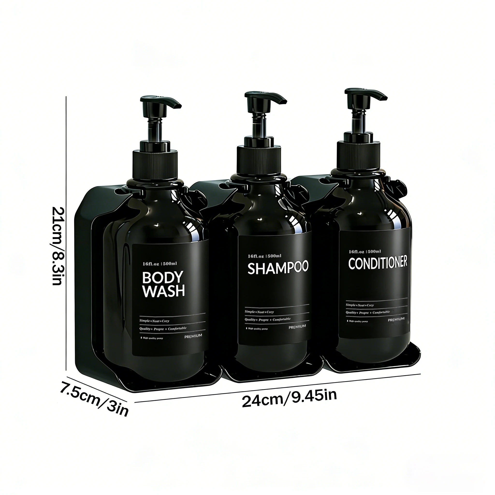2 or 3 Chamber Shampoo and Conditioner Dispenser Set - No Drill Minimalist Bathroom Organizer, 16oz Refillable Pump Bottles - Image 3