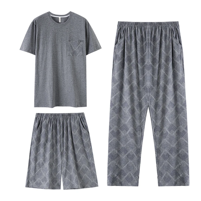 

Big Size M-4XL Men Pajamas Set Summer 100% Cotton Short-sleeve Pijama Male Casual 3 Pieces Sleepwear
