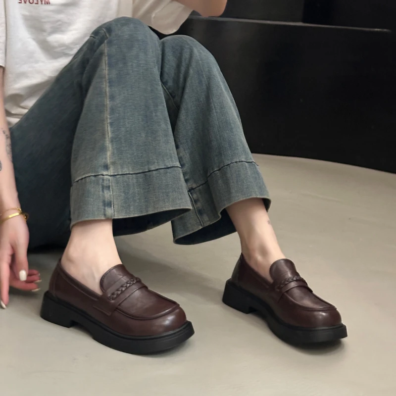 Aphixta New Weave Dec Woman Loafers Flats Shoes Sewing Round Toe Shallow Women's Shoes Classic Brown Spring Daily Footwear