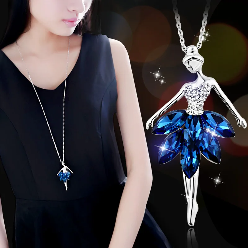 Fashion Long Necklace Sweater Chain Metal Chain Blue Crystal Rhinestone  Flower Ballwet Girls Pendant Necklaces Adjusted - AliExpress