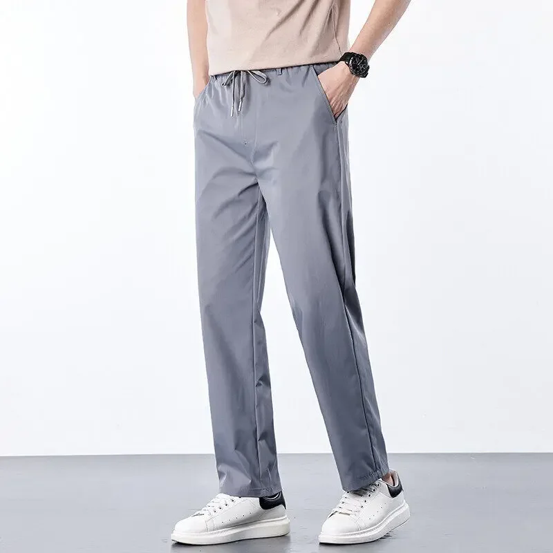 الرجال الصيف رقيقة الحرير الجليد سراويل تقليدية رياضي عصري مستقيم الساق السراويل الطويلة الكورية نمط كبير الحجم مريحة الترفيه Trous