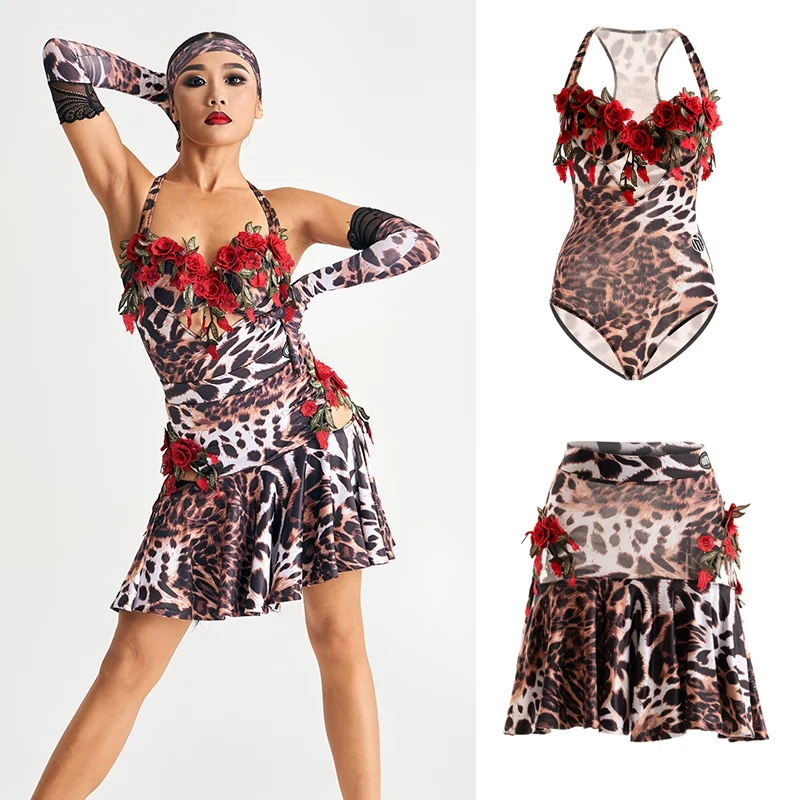 

Fashion Ballroom Dance Competition Costumes Sleeveless Leopard Latin Top Skirts Adults Samba Chacha Rumba Practice Wear SL9840