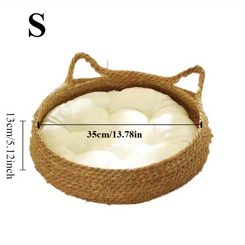 Handmade Rattan Cat Bed with Soft Cushion - Breathable Rattan Woven Pet Bed, Suitable for All Seasons As A Home Cat Mat