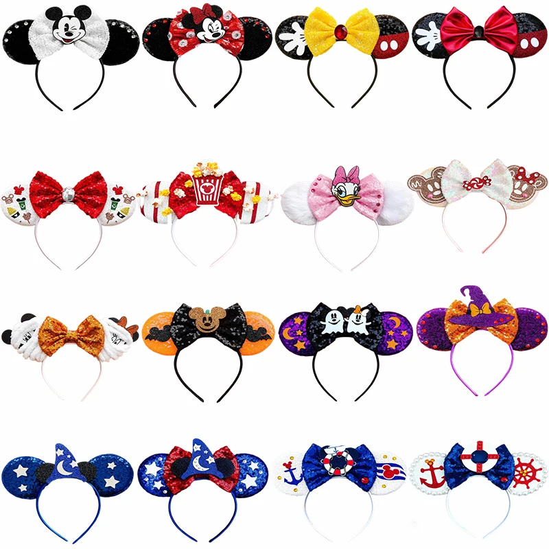 Disney Mickey Ears Headbands Girl Sequins Bow Headwear Women Minnie Mouse Hairband For Kids Festival Party Gift Hair Accessories