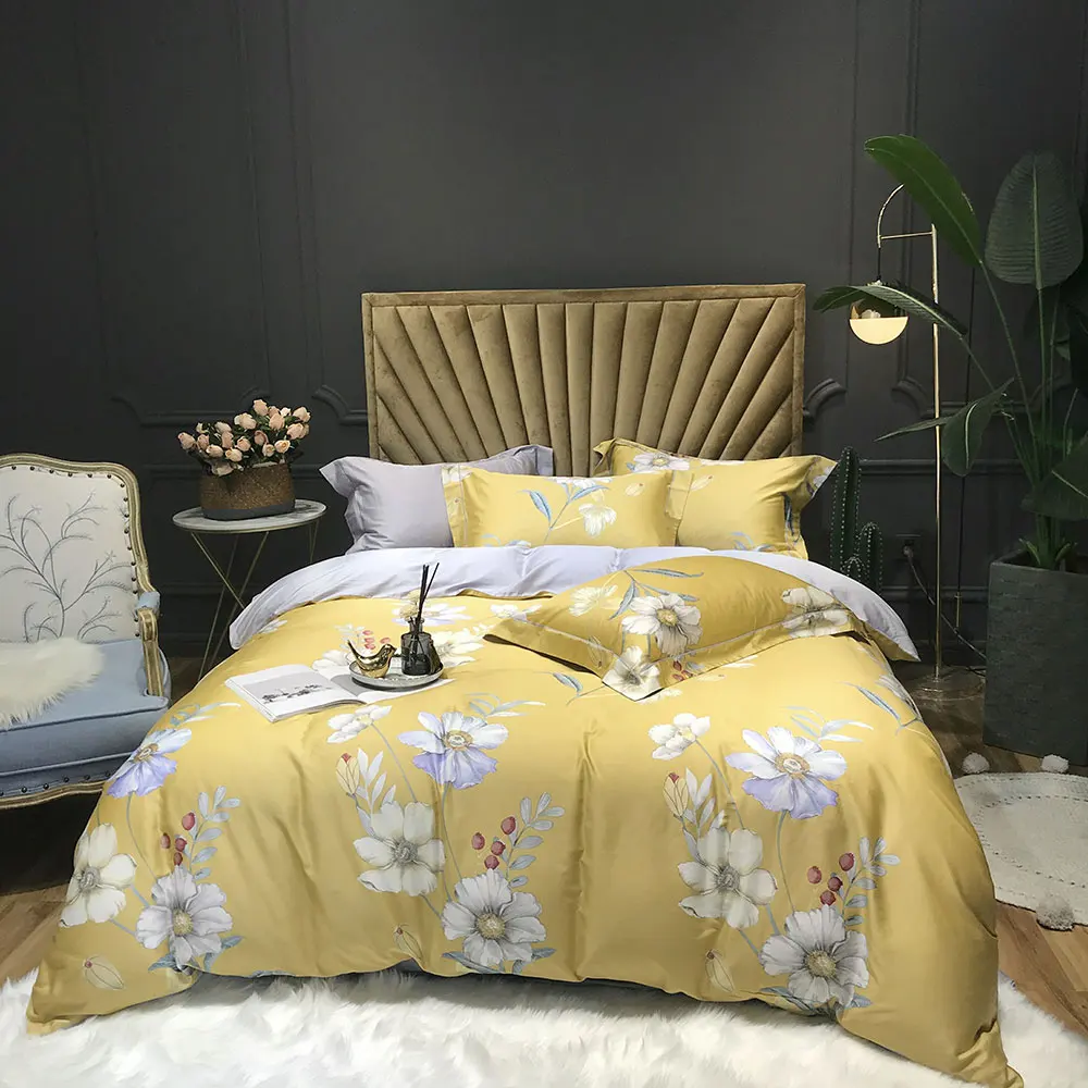 Svetanya Yellow Pastoral Flowers Egyptian Cotton Queen King Full Size