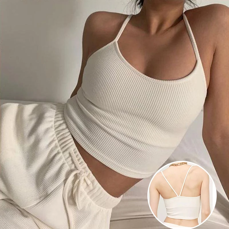 Knitted Cotton Tank Tops Women Ribbed Black White Sexy Low-Cut Back Cross Crop For Streetwear Slimming Sports | Женская одежда