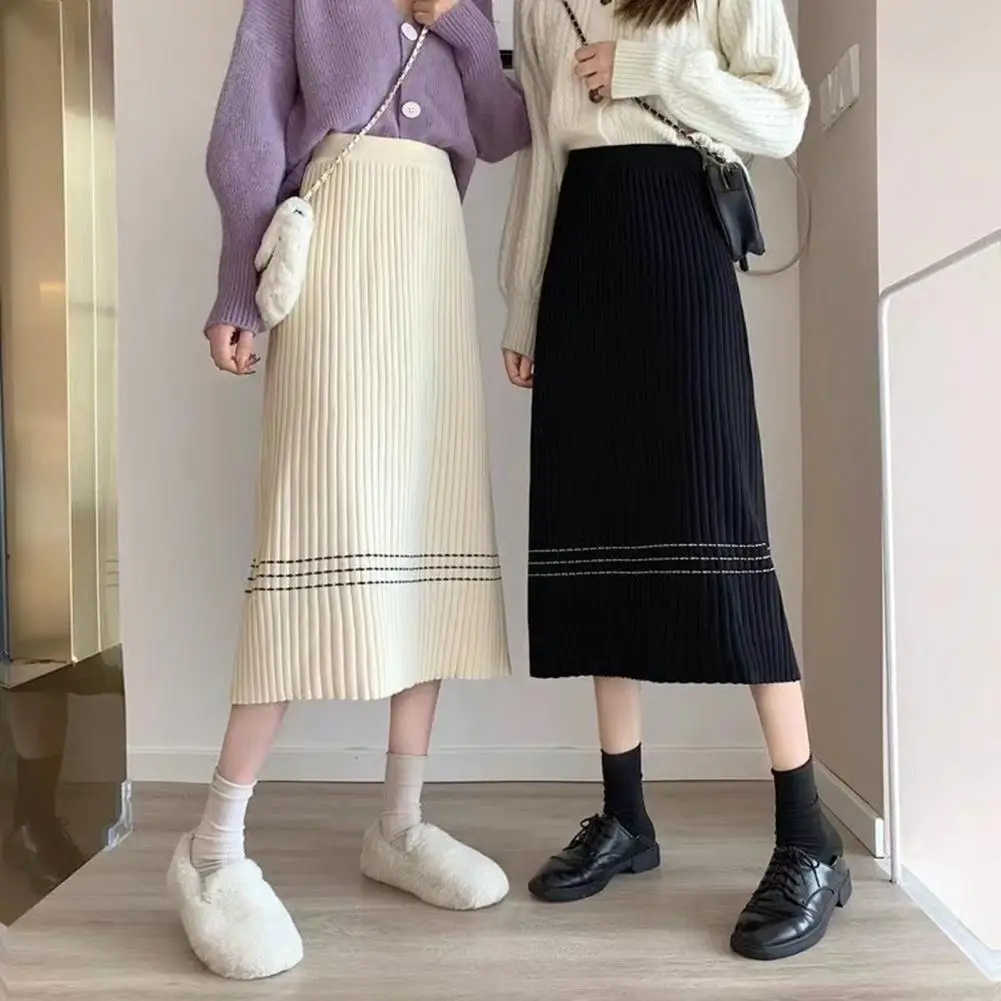 

High Waist Knitted Skirt Fashion Women College Style Pleated Midi Skirt Korean Style Elegant College Spring Autumn Maxi Skirt