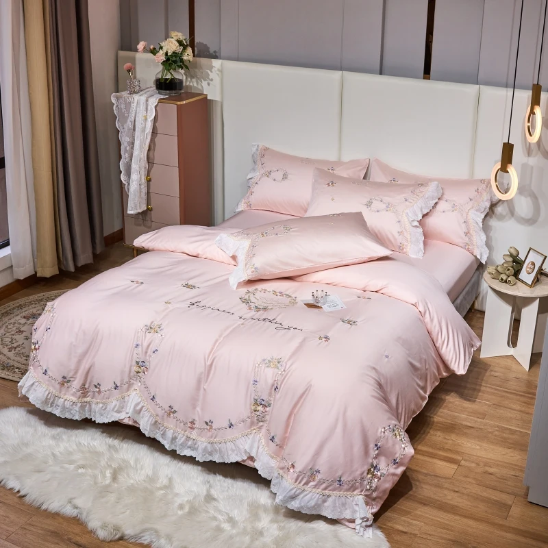 Cute Bow Bedding Set Queen Size Embroidery Flat Sheet Egyptian Cotton Linen  Ropa De Cama Duvet Cover 4/7pcs - AliExpress