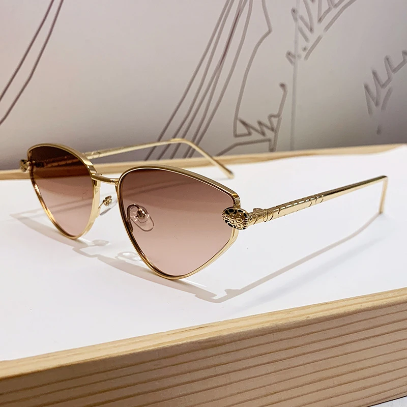 Rahmenlose Sonnenbrille mit Schnittkante für Damen mit Leopardenkopf und Katzenaugen, Metallrahmen-Design, Modische Sonnenbrille
