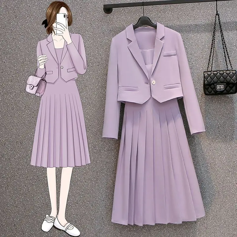 Women's Autumn Casual Purple Blazer Coat Dress 2 Piece Set 2022 New Korean Elegant Suit Blouse Sling Skirt Suits Femlae Clothes