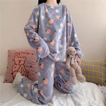 Coral Fleece Women Pajama Set Peach Bear Print Long Sleeve Trousers Suit Winter Thicken Warm Homewear Kawaii Two-Piece Suits