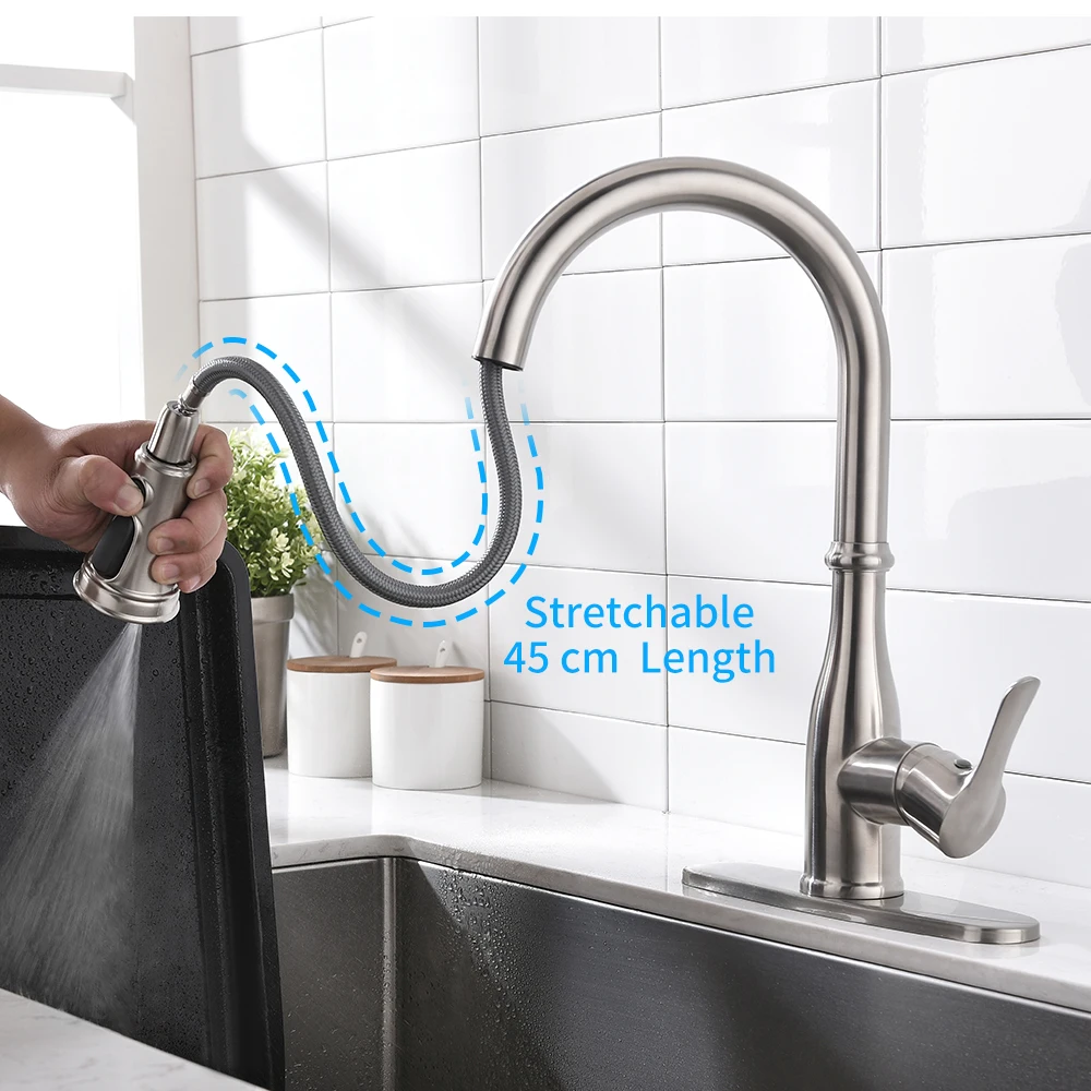 

Vidric Brushed Nickel Kitchen Faucets Single Handle Pull Out Kitchen Tap Single Hole Handle Swivel Degree Water Mixer Tap Mixer