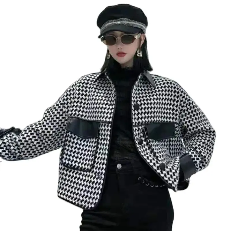 

Fashion Women's Short Jacket 2022 New Spring Autumn Korean Version Loose Stitching Houndstooth Casual Coat Ladies Outerwear Tops